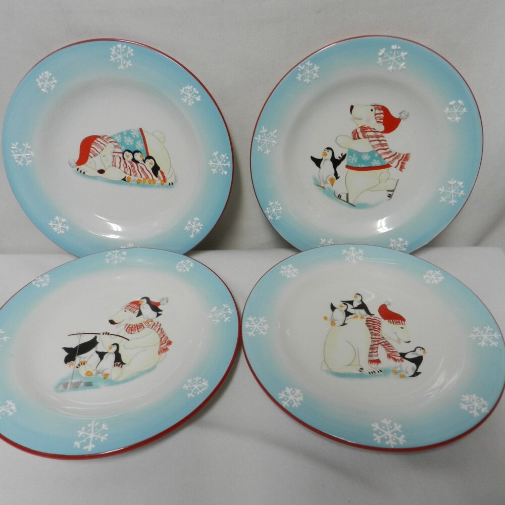 Harry & David Snowman Christmas Set 4 Plates Holiday Starter Salad Dessert 8"